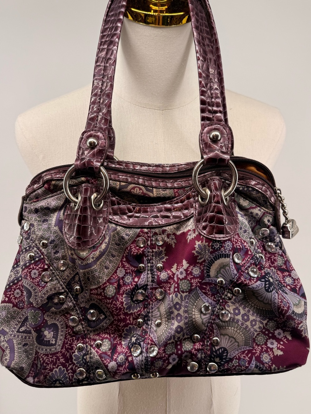 Y2K Kathy Van Zeeland Paisley Shoulder Bag with Studs and Bedazzles, Whimsigoth